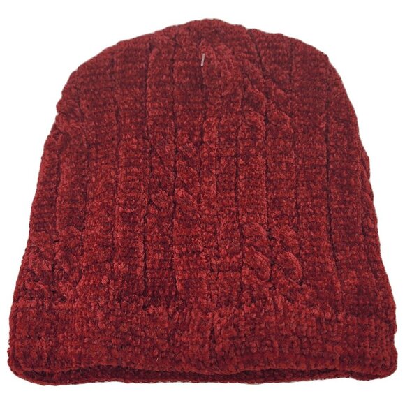 Women's Winter Thermal Fleece Knit Lined Beanie Hat, Dark Red - Picture 2 of 3